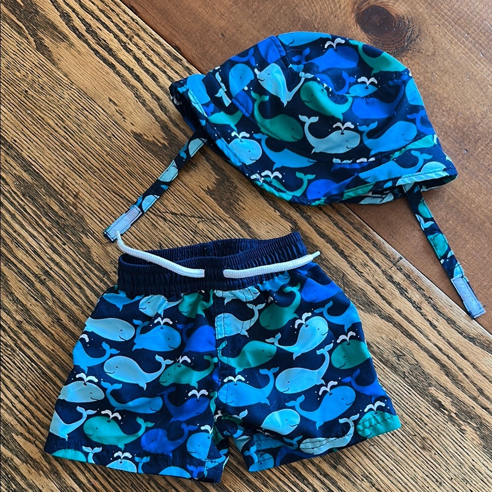Blue Whale Print Baby Swim Shorts and Sun Hat Set
